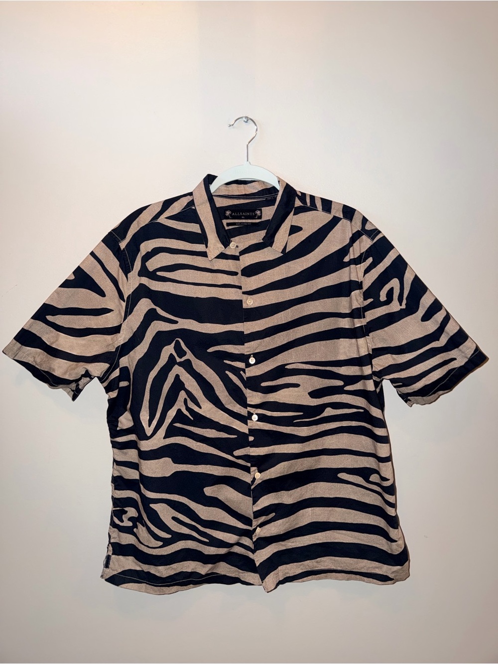 All Saints 100% cotton Black and Tan Zebra Print Short Sleeve Button-Up Shirt